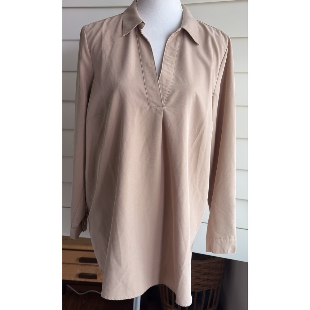 J.Jill‎ Tan Neutral V Neck Popover Tencel Blend Top Tunic L Petite Long Sleeves